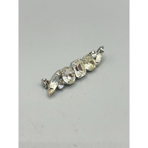 Vintage Rhinestone Bar Pin with Clear Glass Stones Silver Tone Sparkly Pin - Picture 2 of 6